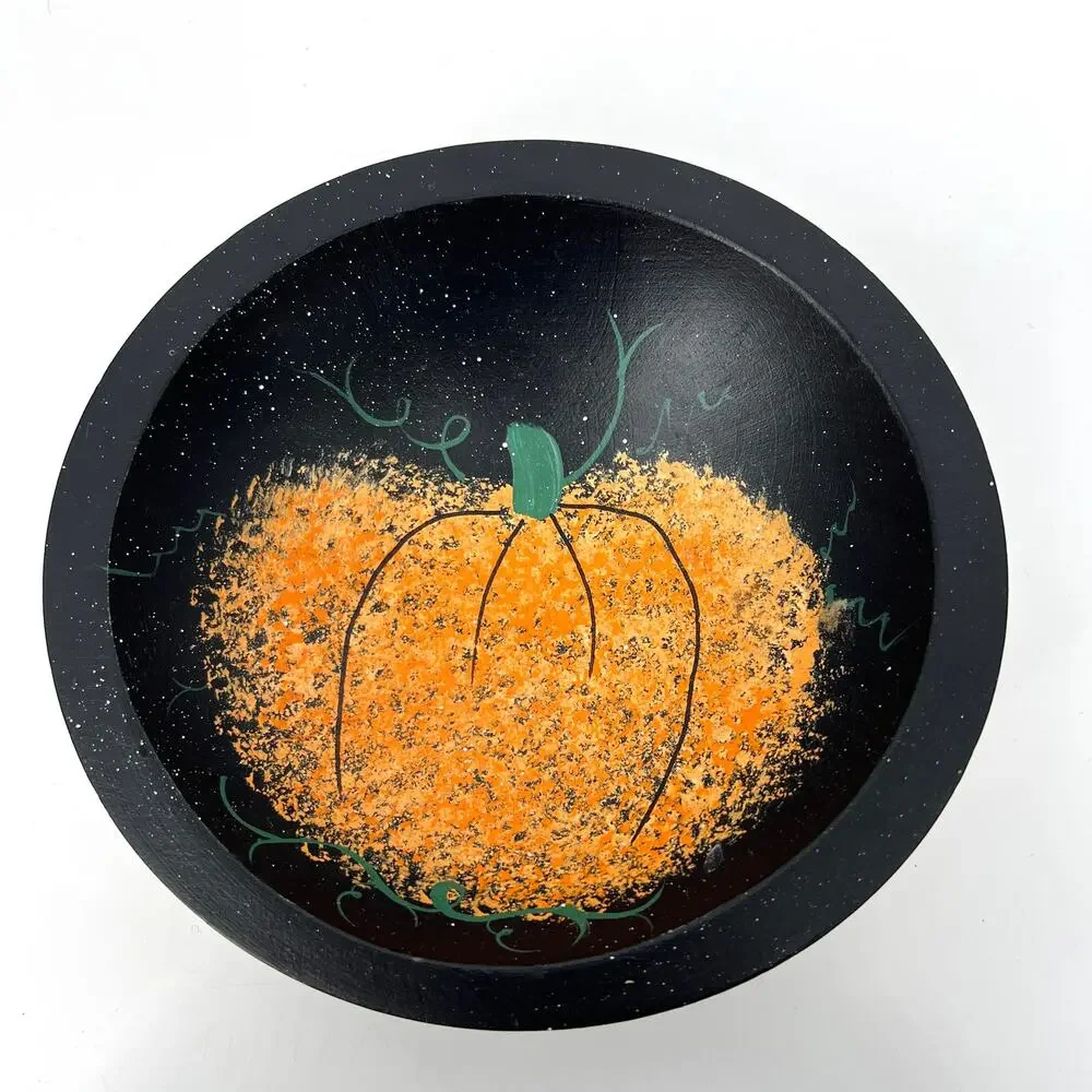 VTG 1999 Hand Painted Pumpkin Wooden Bowl Nicholas Street Collectible Folk Art